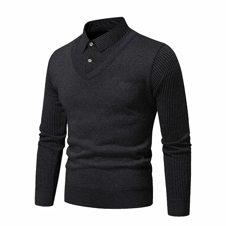 Navy Blue Fleece Lined Men's V-Neck Sweater — feature 15