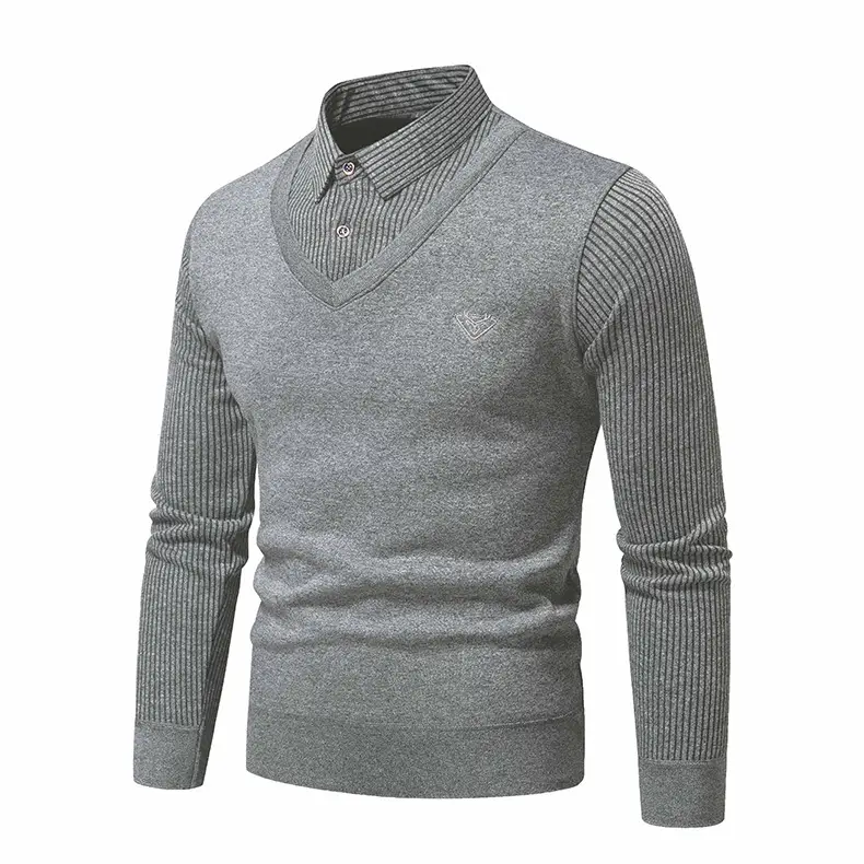 Navy Blue Fleece Lined Men's V-Neck Sweater — feature 3
