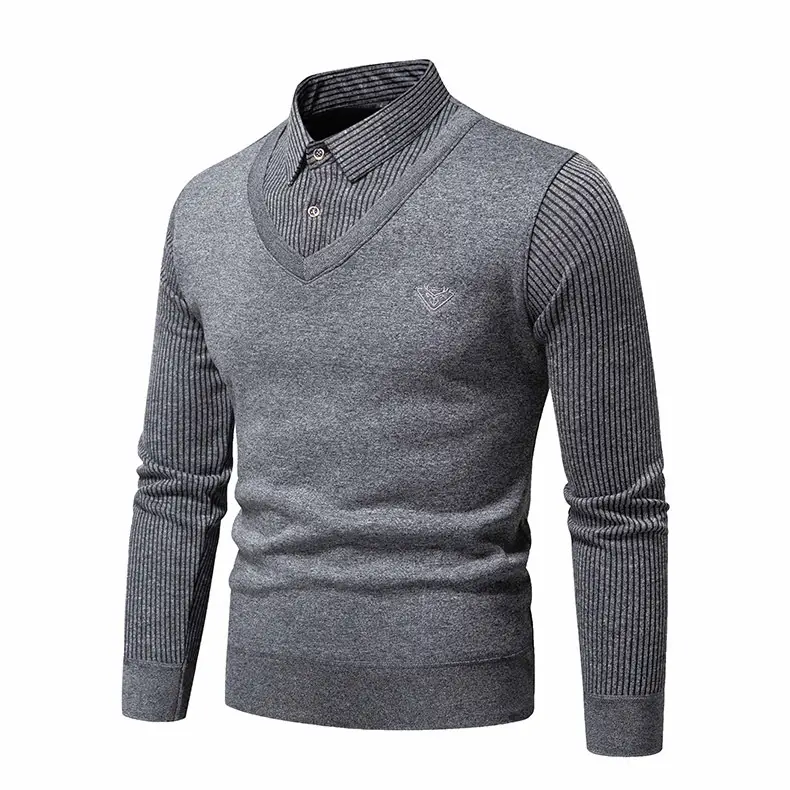 Navy Blue Fleece Lined Men's V-Neck Sweater — feature 6