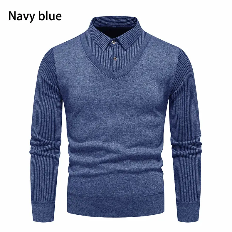 Navy Blue Fleece Lined Men's V-Neck Sweater — feature 8
