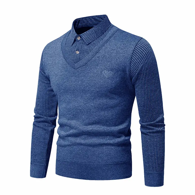 Navy Blue Fleece Lined Men's V-Neck Sweater — feature 9