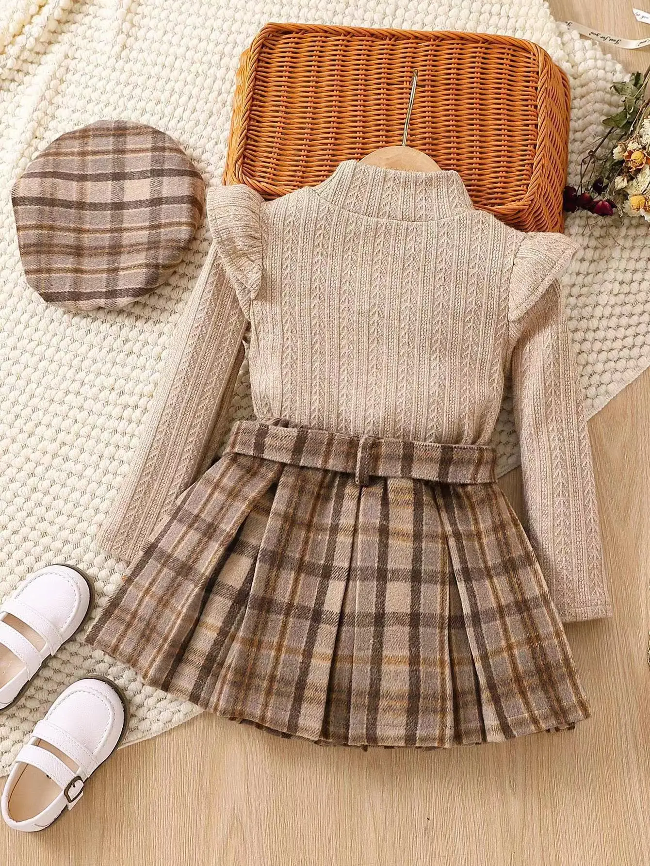 Baoxi Kids Knitted Shirt Plaid Skirt Set Winter
