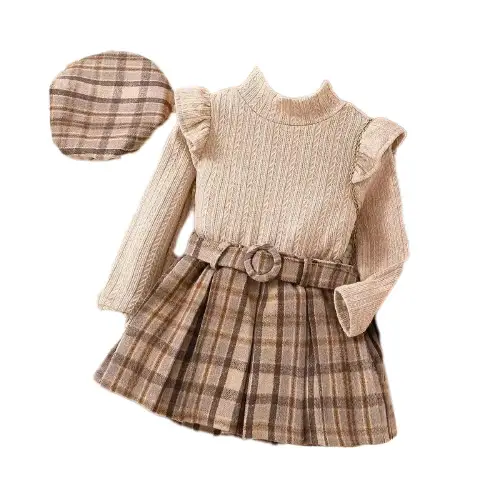 Baoxi Kids Knitted Shirt Plaid Skirt Set Winter