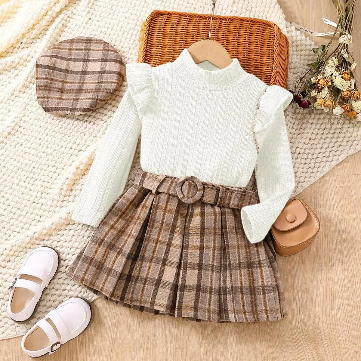 Baoxi Kids Knitted Shirt Plaid Skirt Set Winter