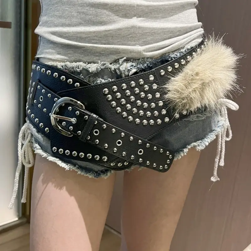 White Vintage Rivet Belt with Buckle