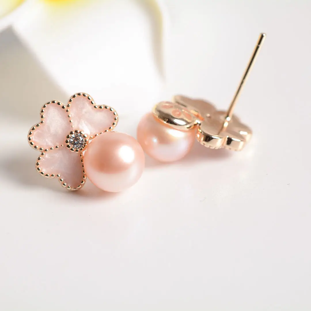 Natural Freshwater Pearl Earrings S925 Silver Needle Four-leaf Grass - Image 5