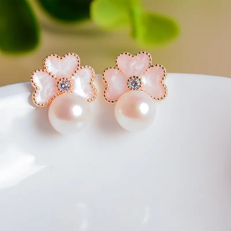 Natural Freshwater Pearl Earrings S925 Silver Needle Four-leaf Grass - Image 6