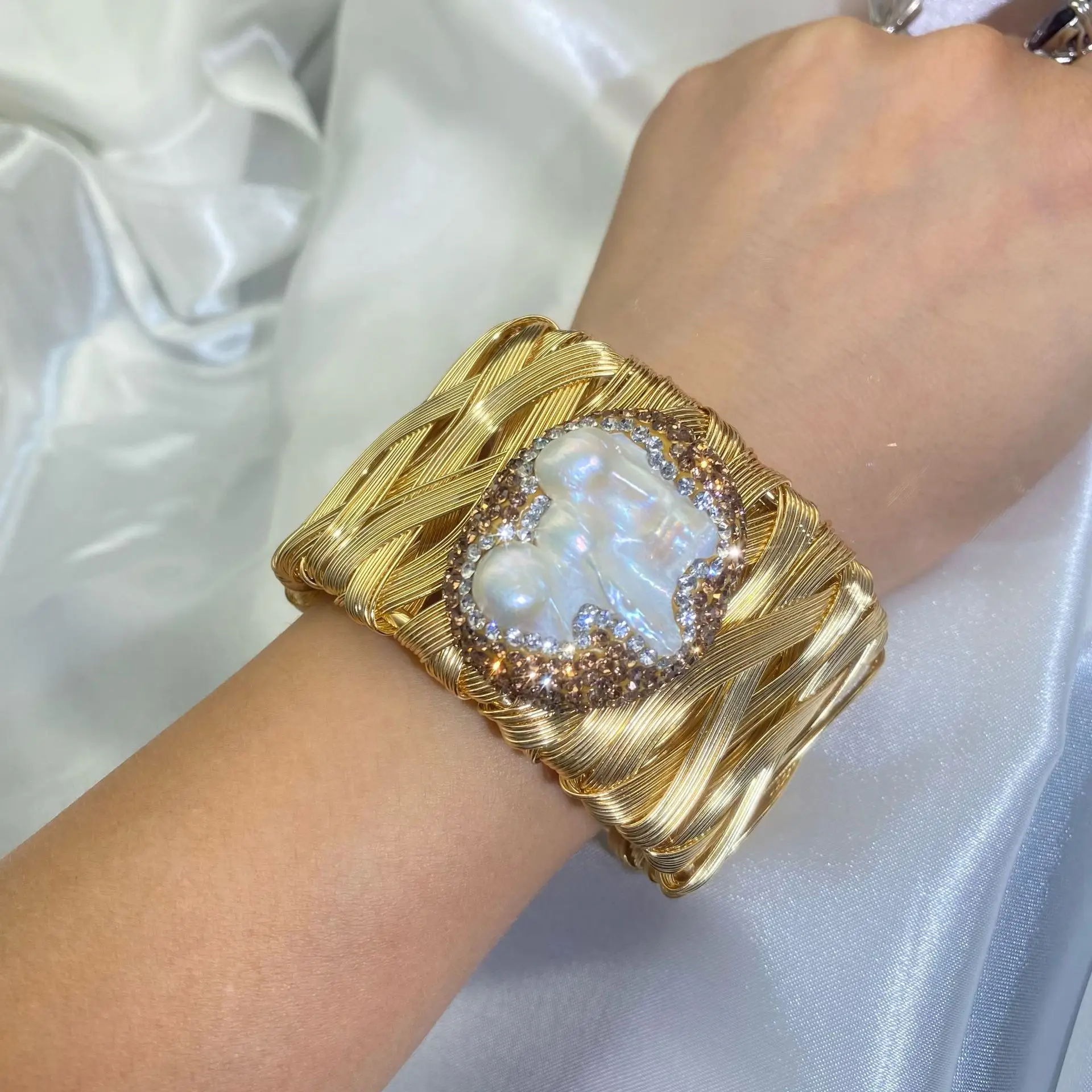 Natural Baroque Gold Bracelet with Crystal Centerpiece - Image 3