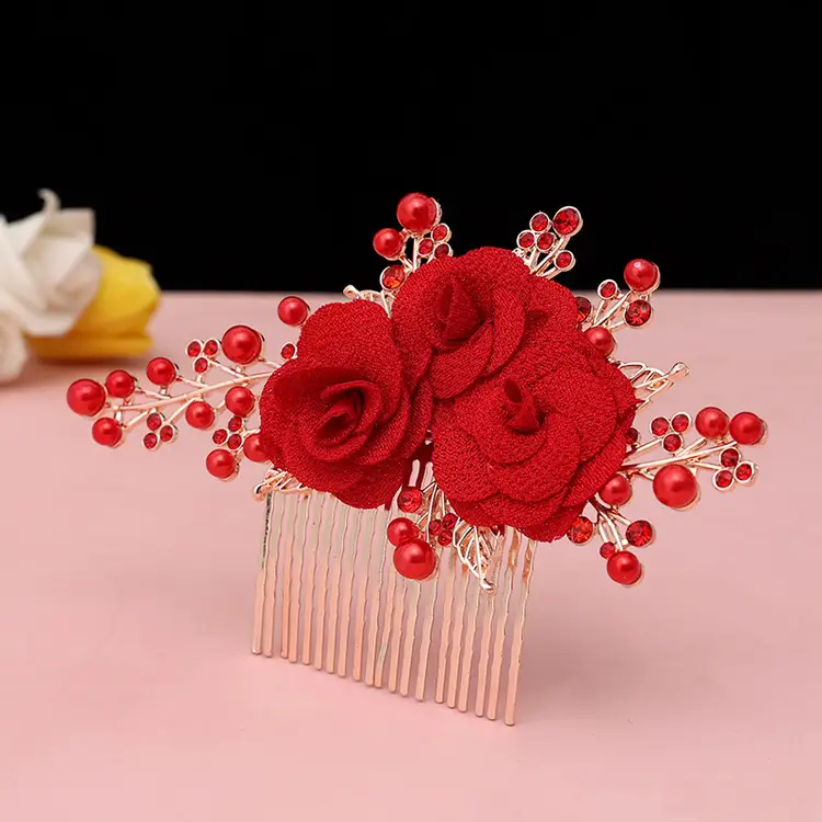 Red Rose Hair Comb for Bride Photo Makeup - Image 9