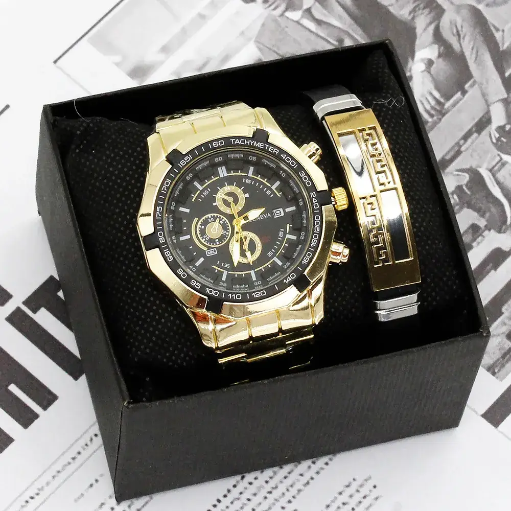 Men's Gold Quartz Wristwatch with Sport Bracelet Set - Image 2