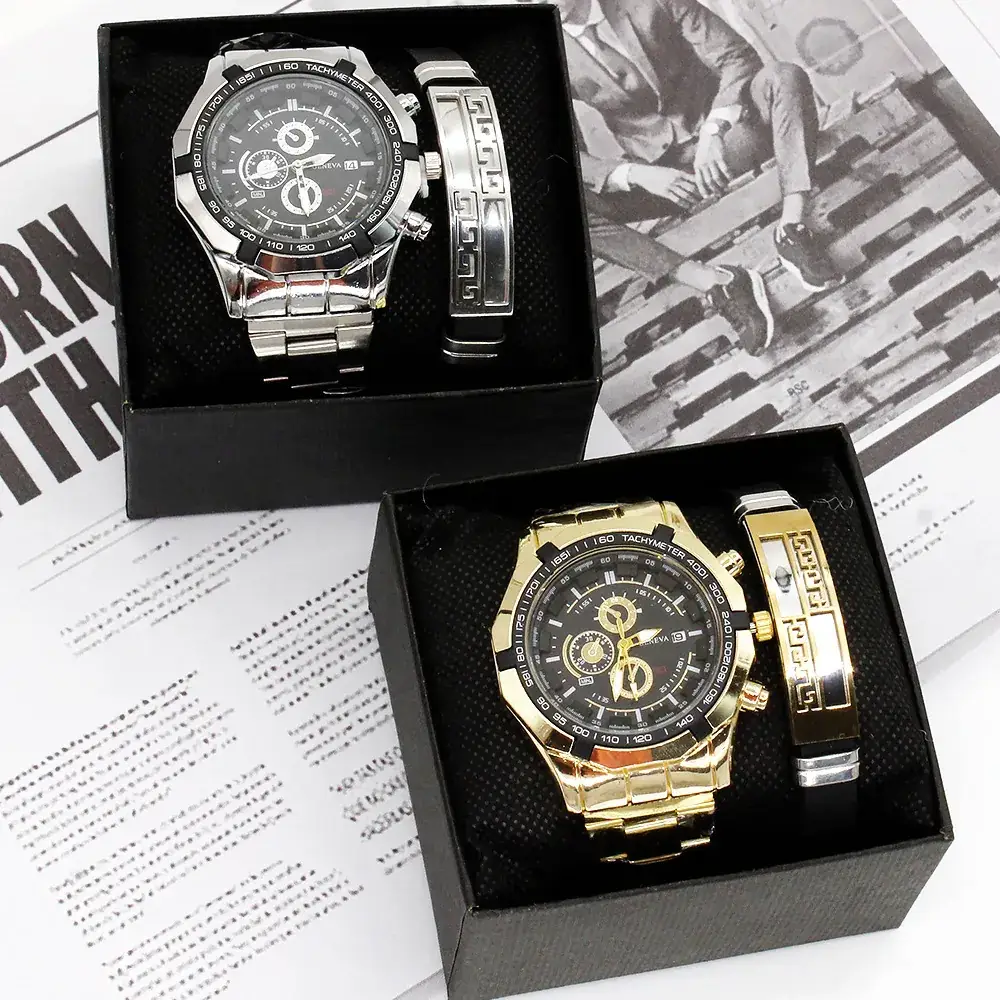 Men's Gold Quartz Wristwatch with Sport Bracelet Set - Image 4