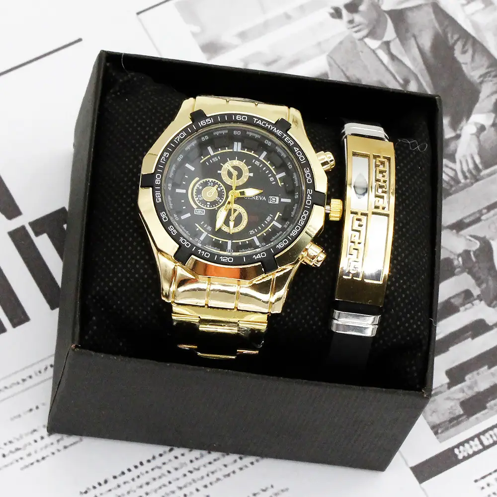 Men's Gold Quartz Wristwatch with Sport Bracelet Set — feature 10