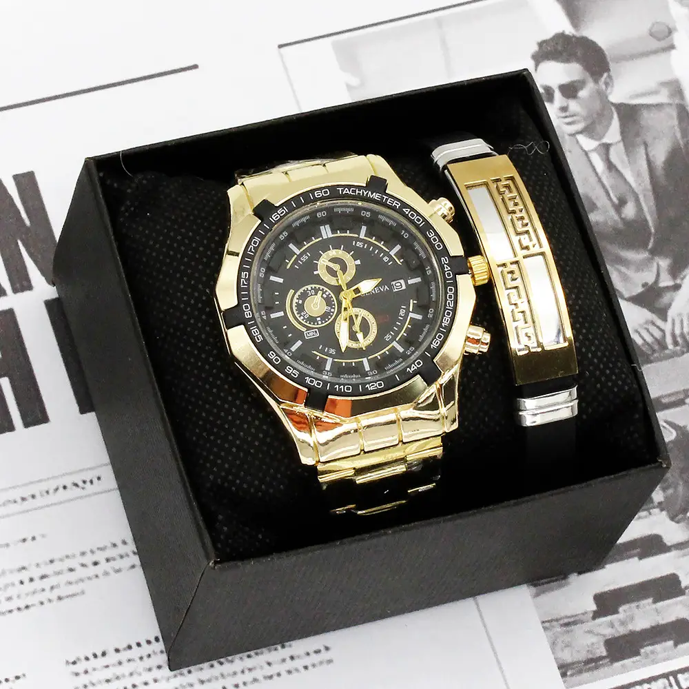 Men's Gold Quartz Wristwatch with Sport Bracelet Set — feature 7