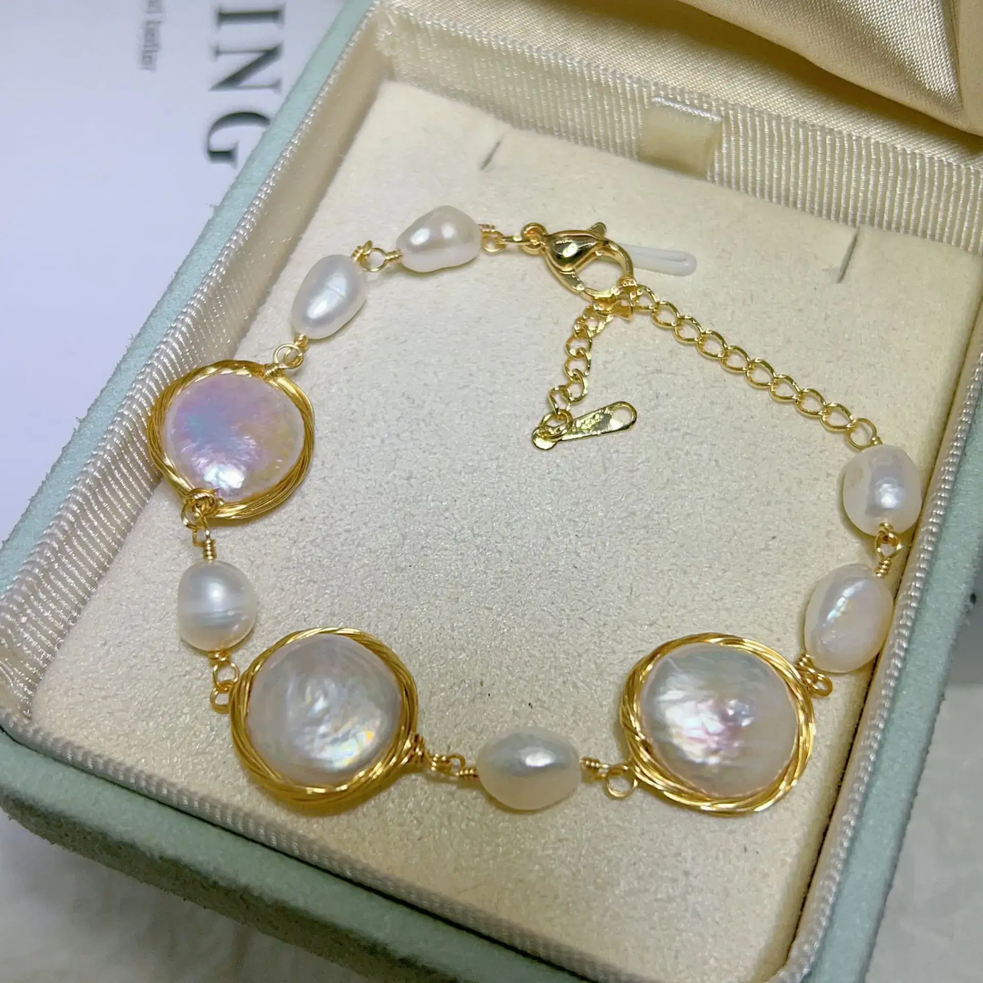 Natural Freshwater Pearl Bracelet with Blue Stones