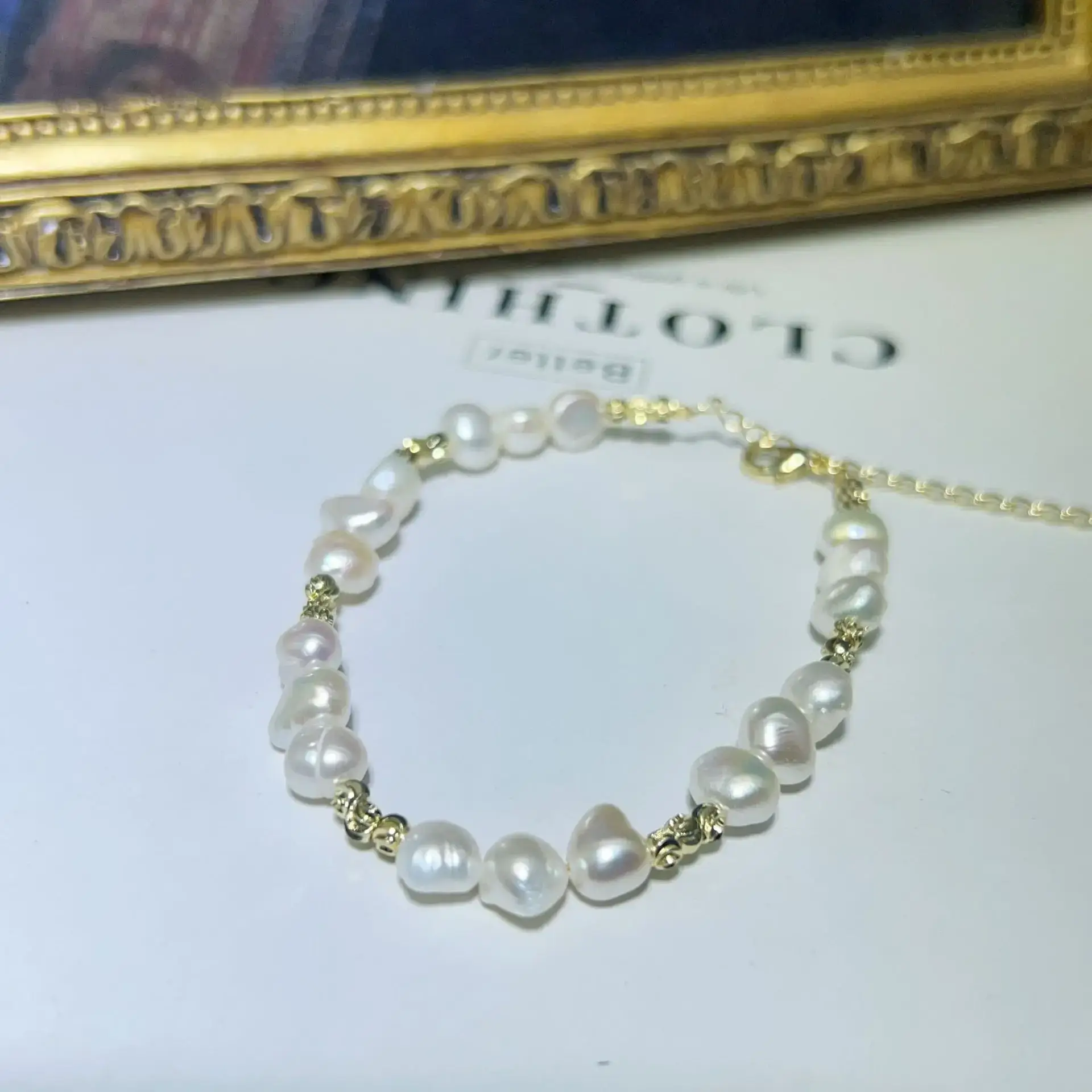 Natural Freshwater Pearl Bracelet with Blue Stones