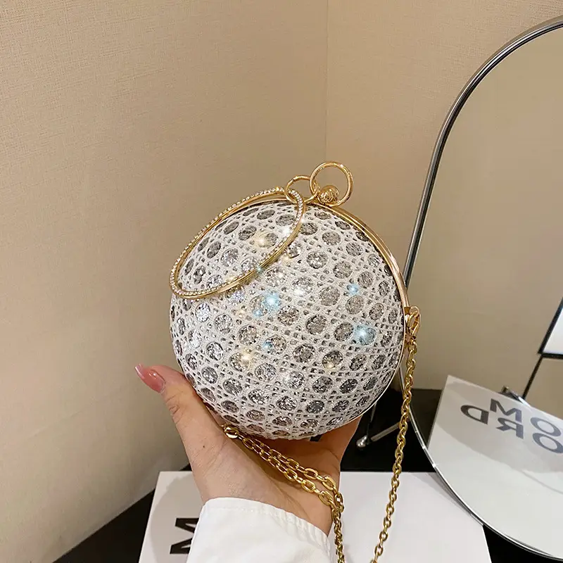 Golden Ball Chain Evening Bag with Bright Diamond Design - Image 8