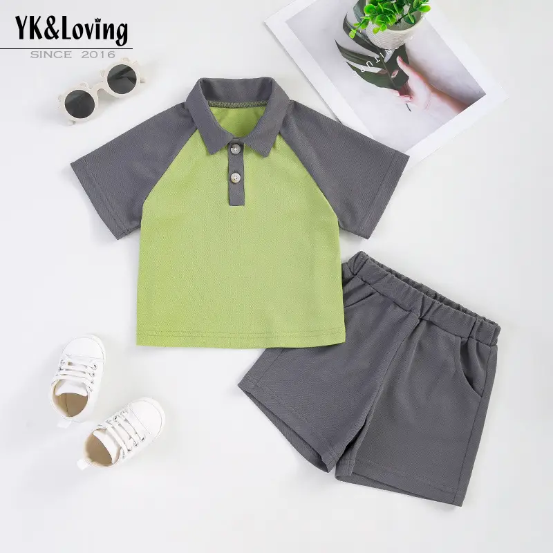 Boys 2Pc Polo Shorts Set Green Grey Summer - Image 2
