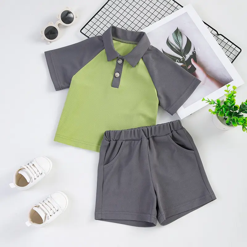 Boys 2Pc Polo Shorts Set Green Grey Summer - Image 3