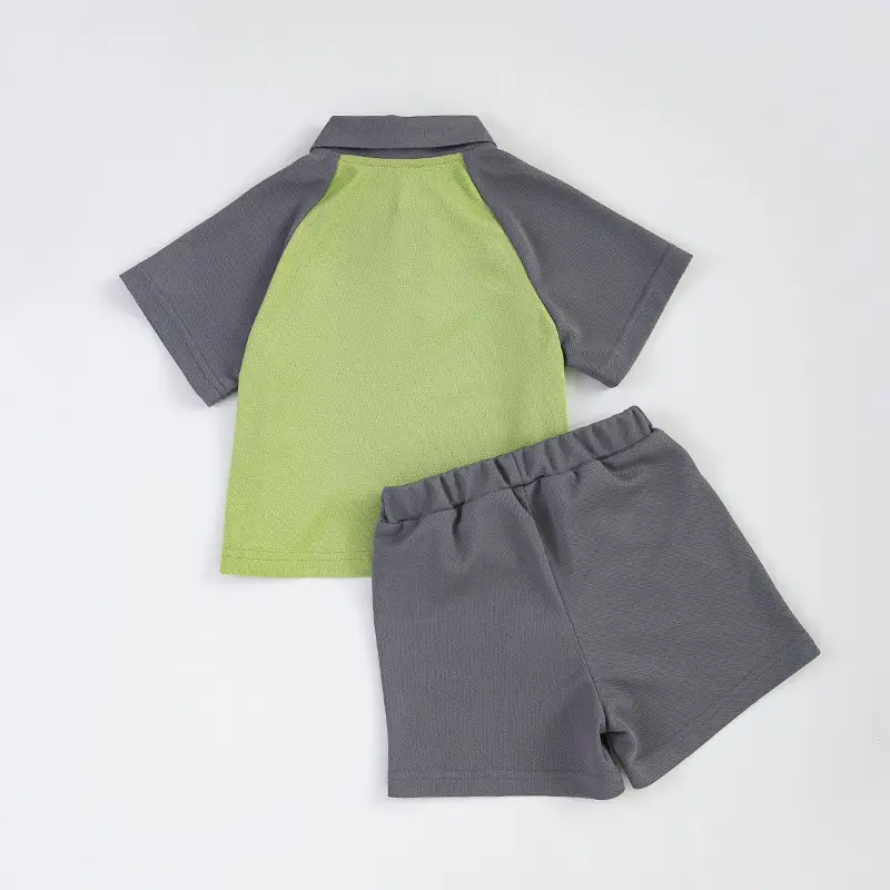Boys 2Pc Polo Shorts Set Green Grey Summer - Image 4