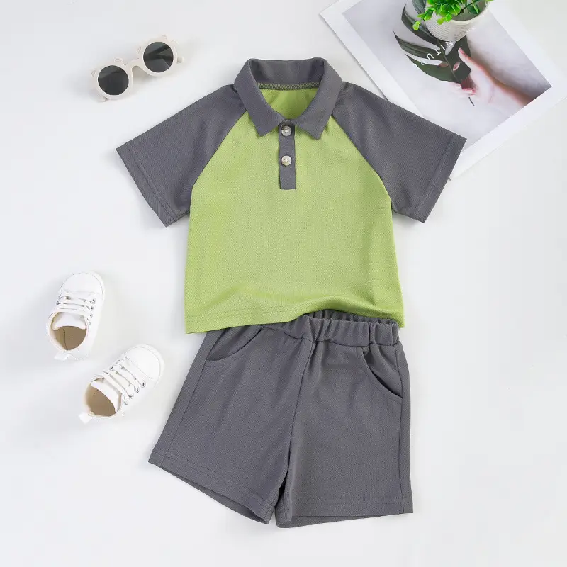 Boys 2Pc Polo Shorts Set Green Grey Summer - Image 5