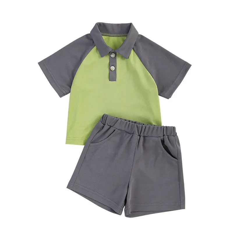 Boys 2Pc Polo Shorts Set Green Grey Summer - Image 6