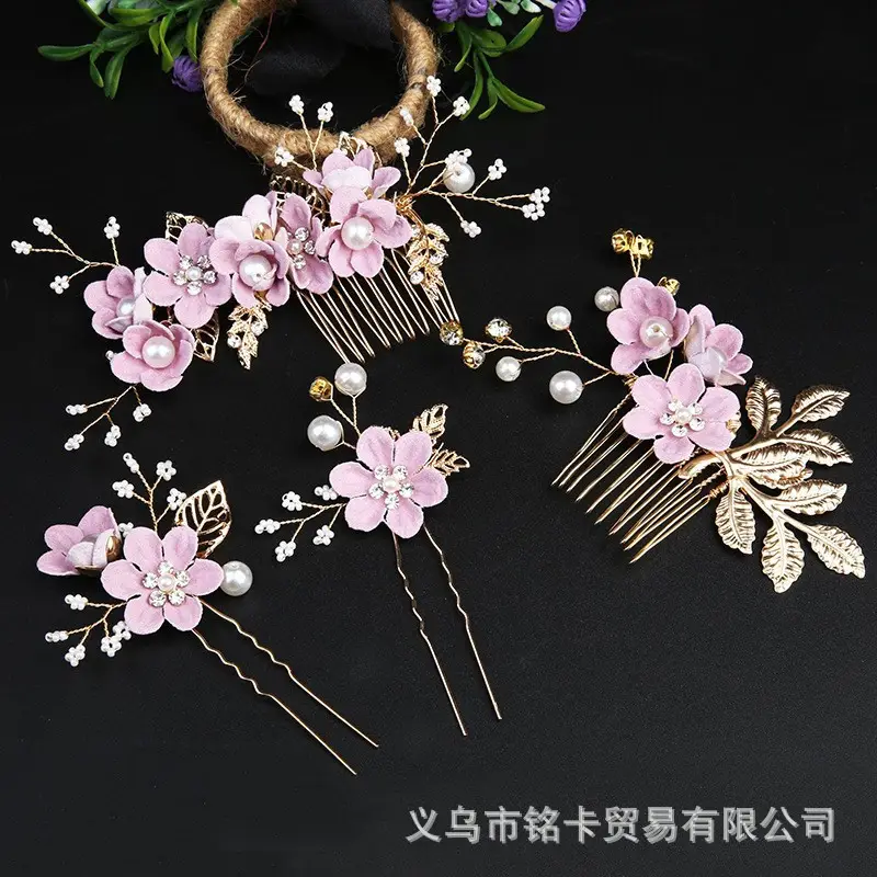 Golden Leaf Hair Comb with Blue Floral Design for Weddings - Image 3