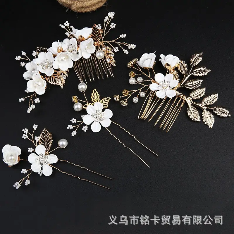 Golden Leaf Hair Comb with Blue Floral Design for Weddings - Image 5