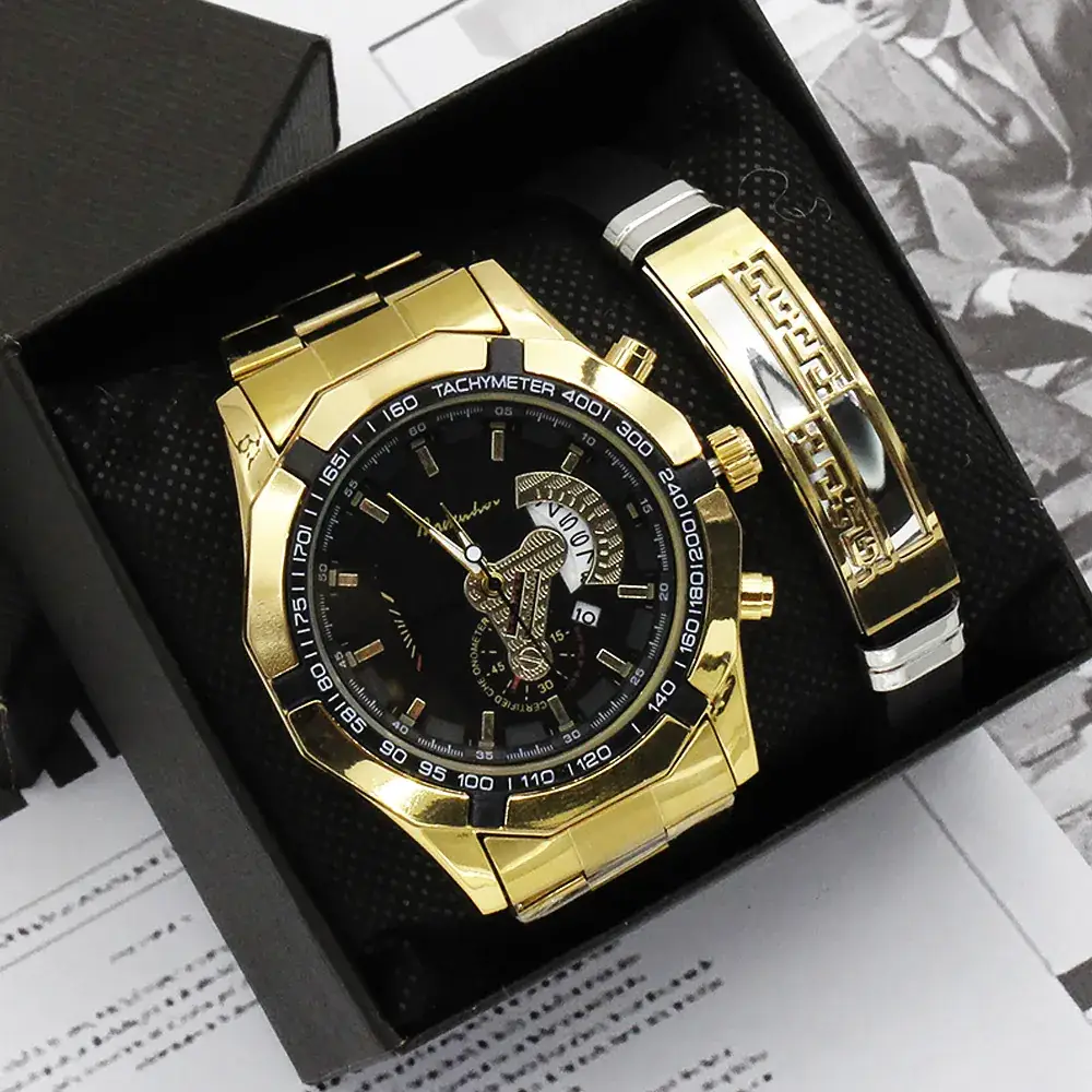 Luxury Men's Gold Wrist Watch Set Large Dial Non-Mechanical