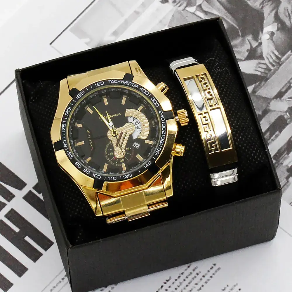 Luxury Men's Gold Wrist Watch Set Large Dial Non-Mechanical