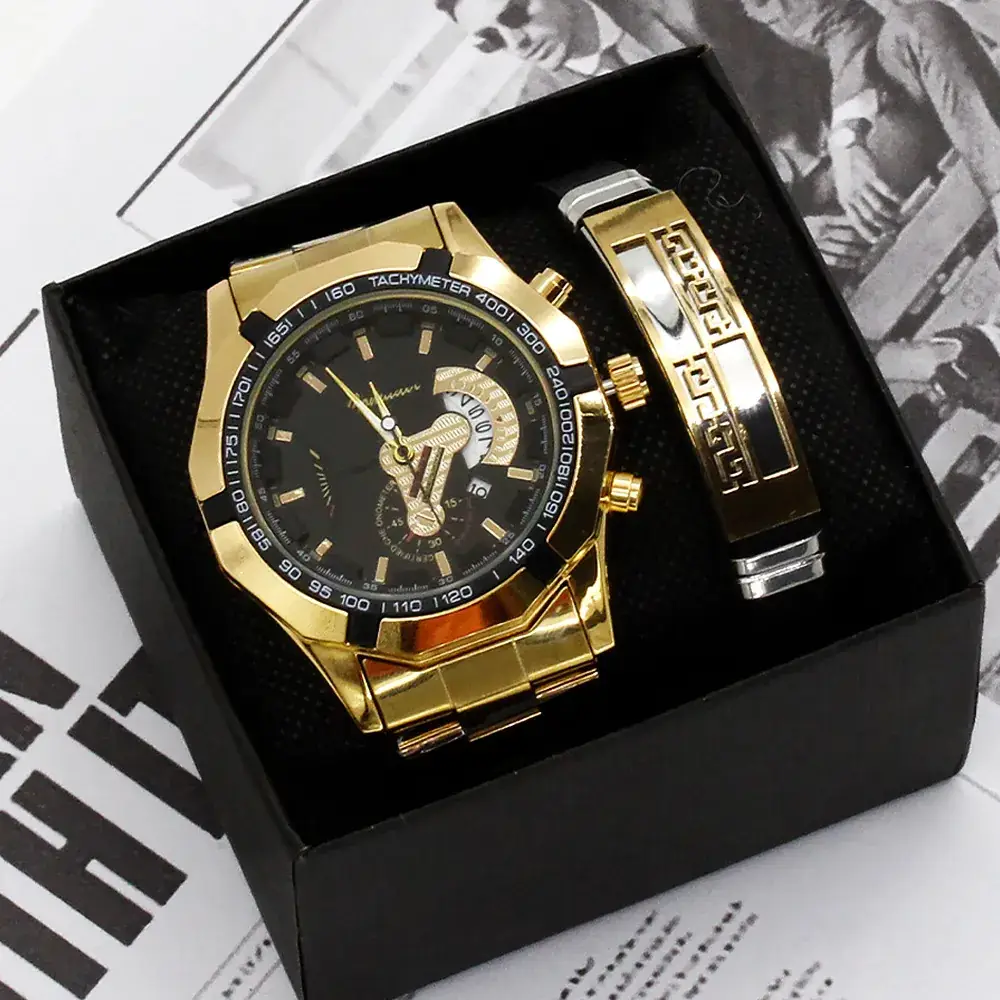 Luxury Men's Gold Wrist Watch Set Large Dial Non-Mechanical