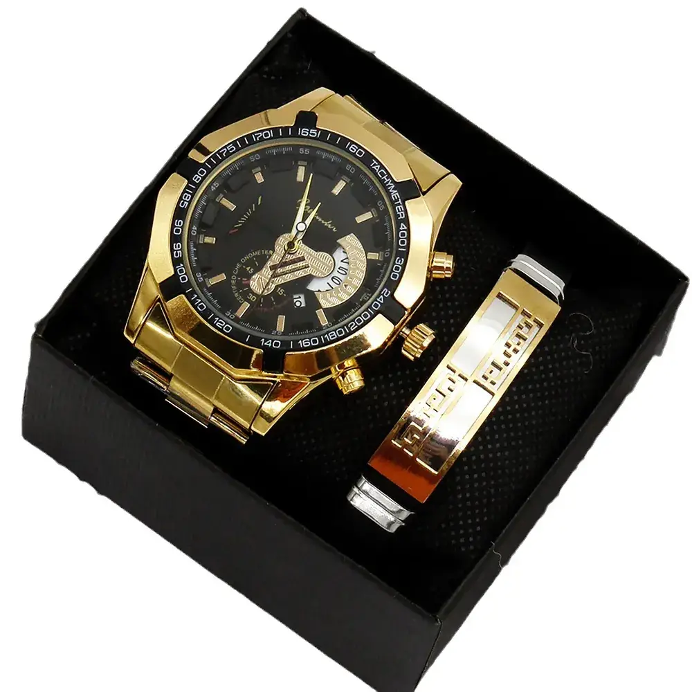 Luxury Men's Gold Wrist Watch Set Large Dial Non-Mechanical