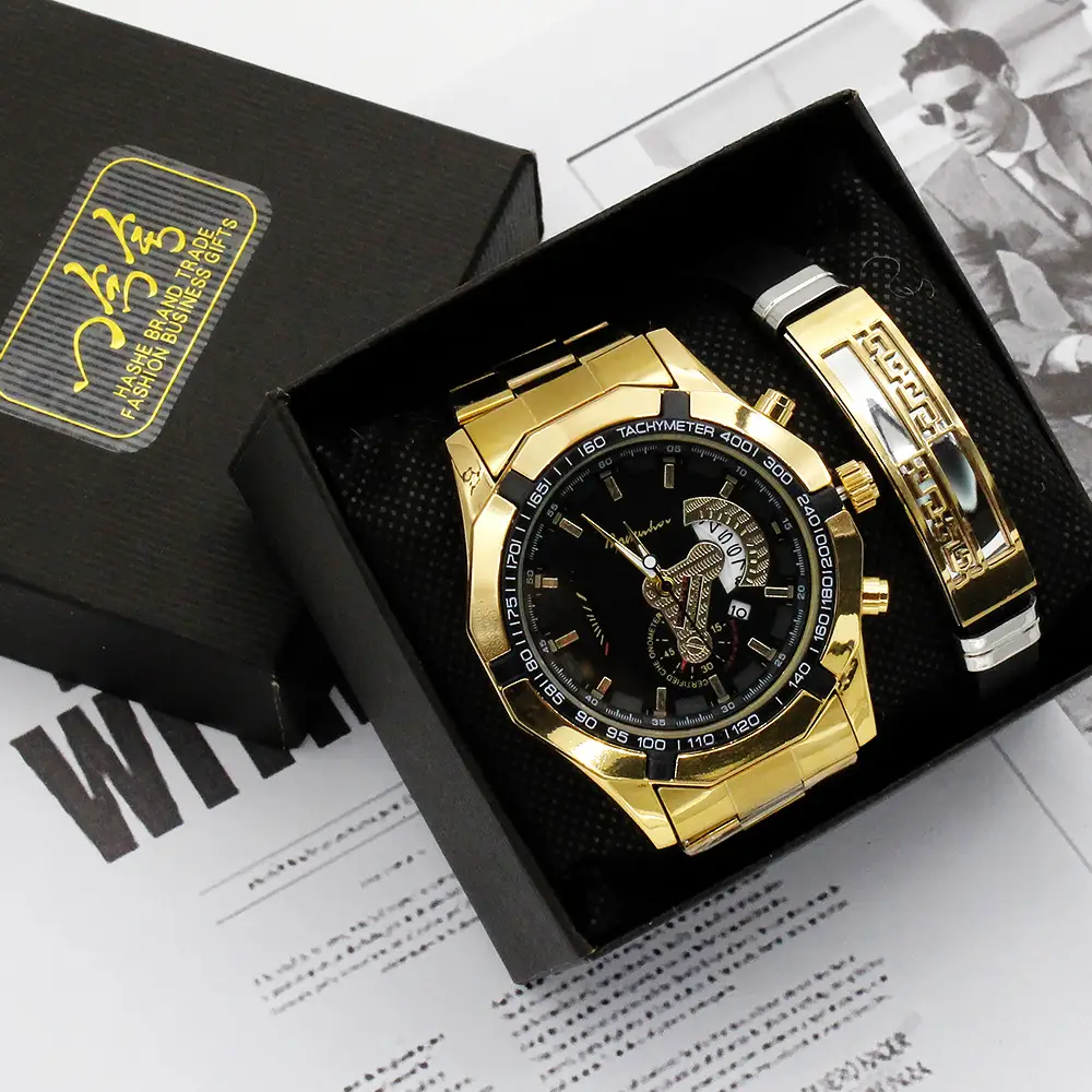 Luxury Men's Gold Wrist Watch Set Large Dial Non-Mechanical — feature 6