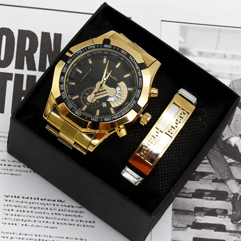 Luxury Men's Gold Wrist Watch Set Large Dial Non-Mechanical — feature 9
