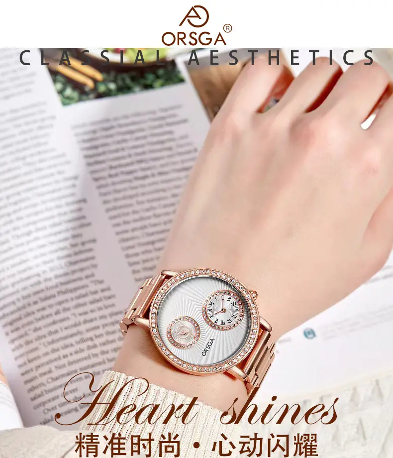 Oshica Women's Quartz Watch with Diamond Dial & Brown Strap — feature 3