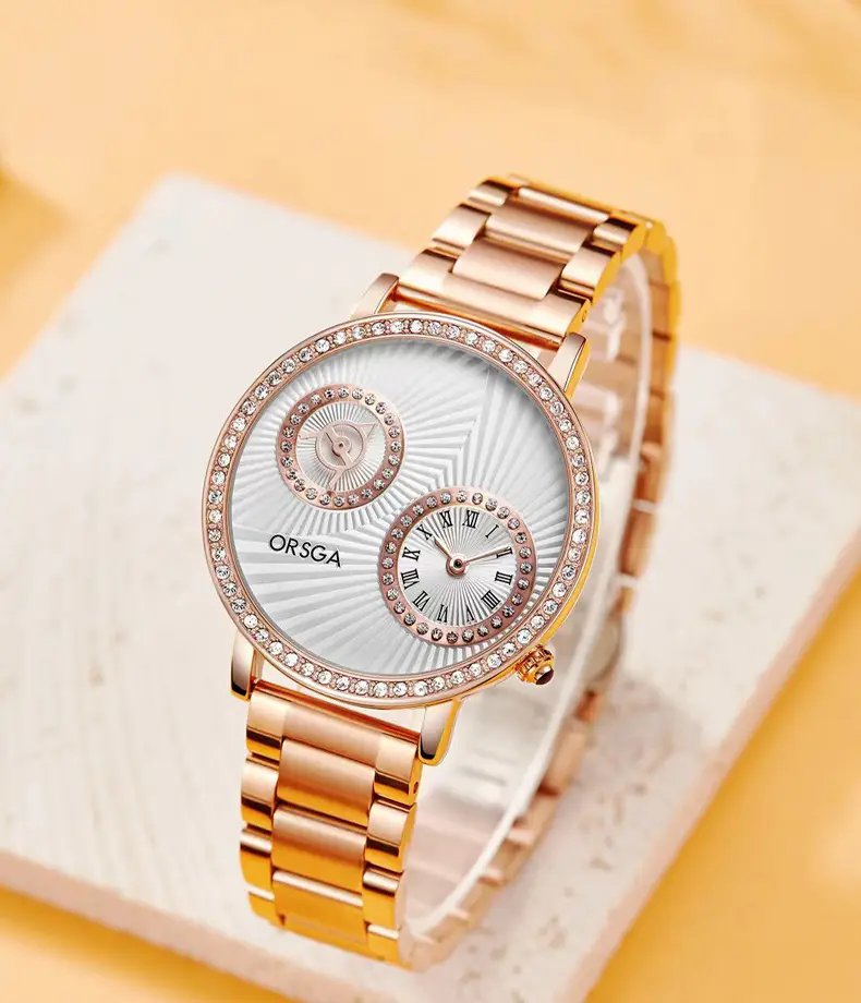 Oshica Women's Quartz Watch with Diamond Dial & Brown Strap — feature 7