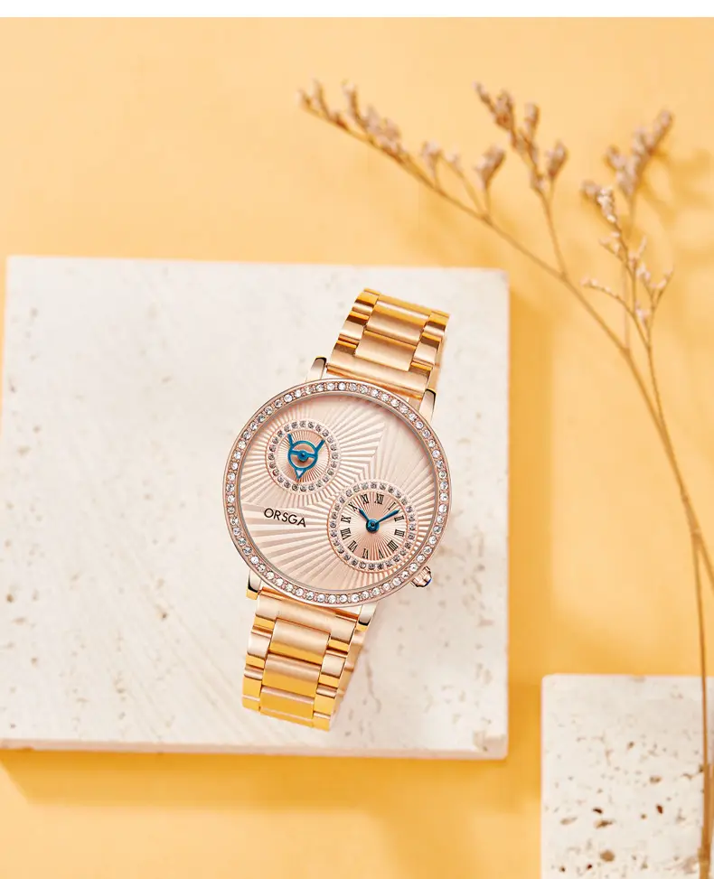 Oshica Women's Quartz Watch with Diamond Dial & Brown Strap — feature 9
