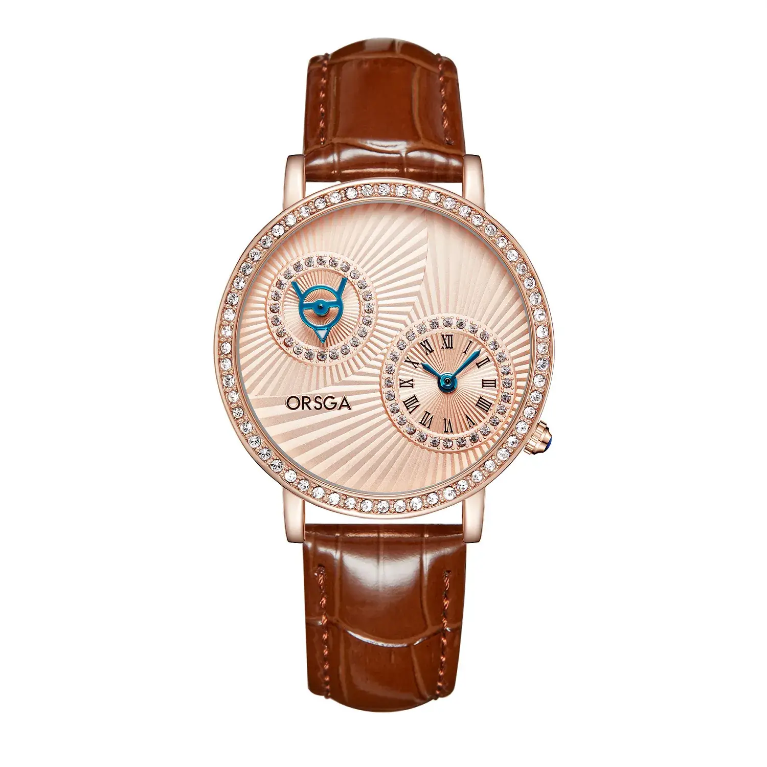 Oshica Women's Quartz Watch with Diamond Dial & Brown Strap - Image 13