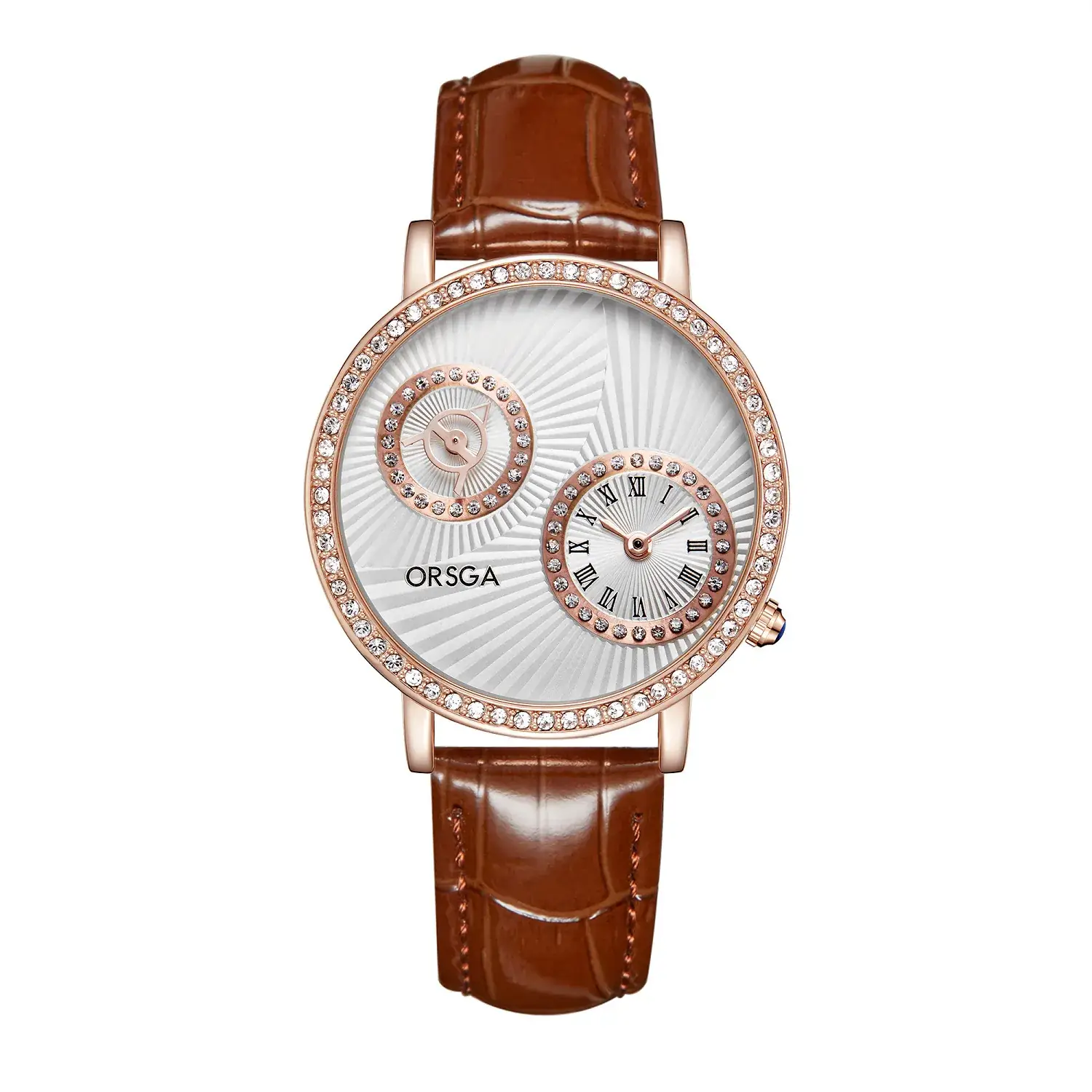 Oshica Women's Quartz Watch with Diamond Dial & Brown Strap - Image 14