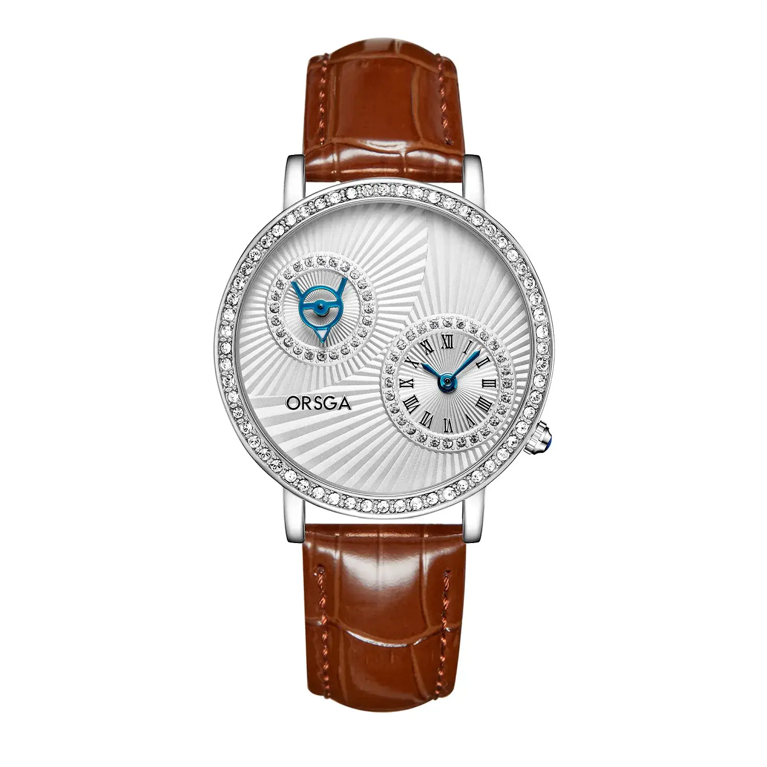 Oshica Women's Quartz Watch with Diamond Dial & Brown Strap - Image 3