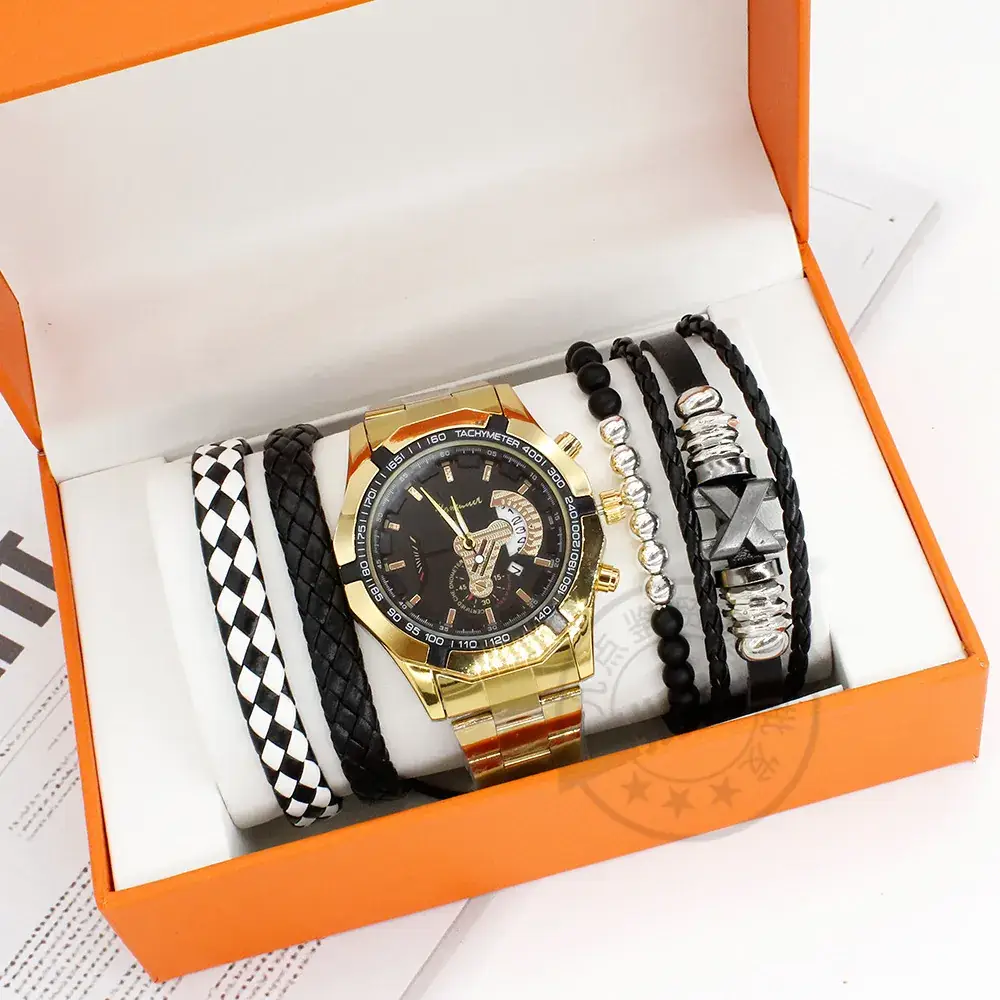 Men's Quartz Watch Set with Black & Gold Bracelet - Image 2