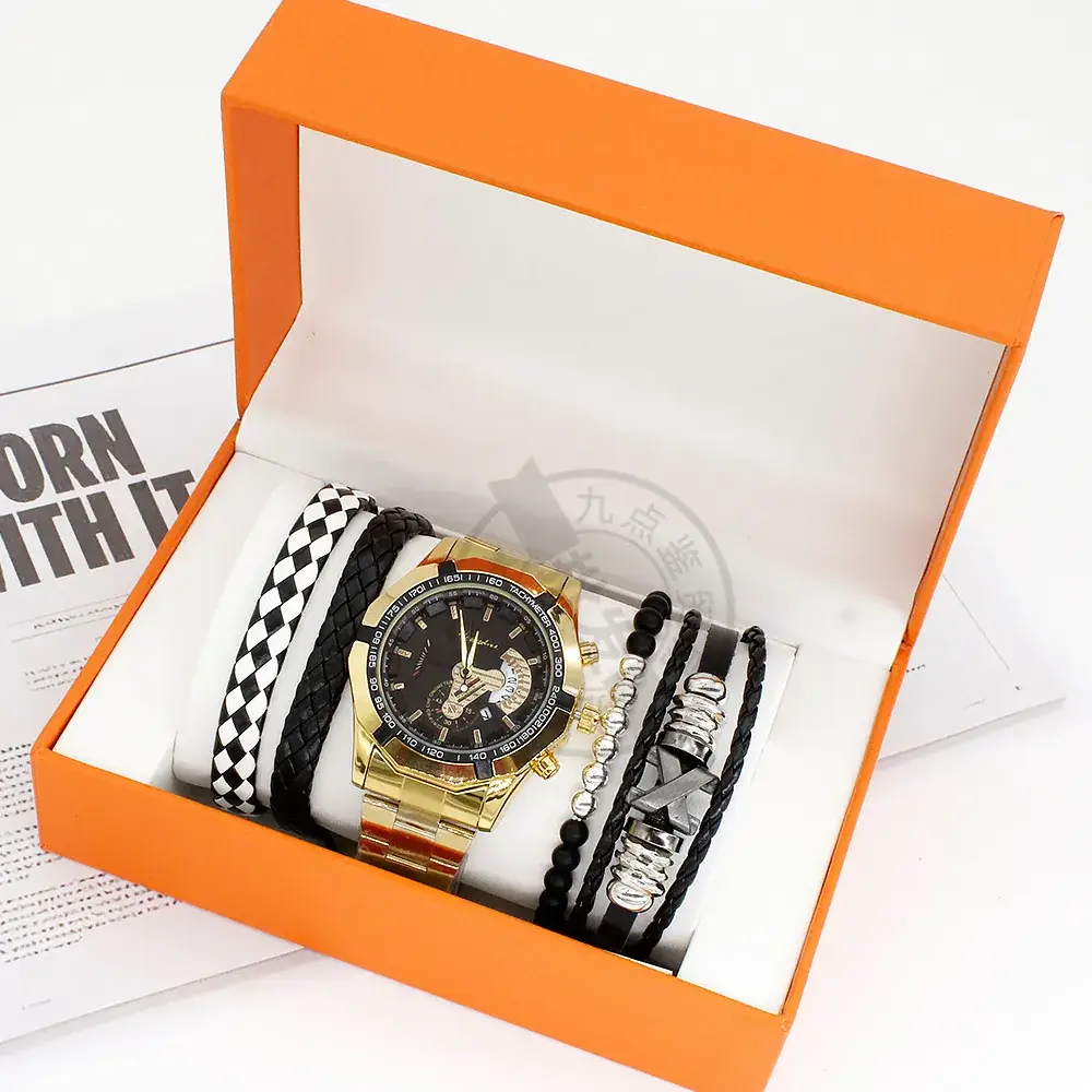 Men's Quartz Watch Set with Black & Gold Bracelet - Image 4
