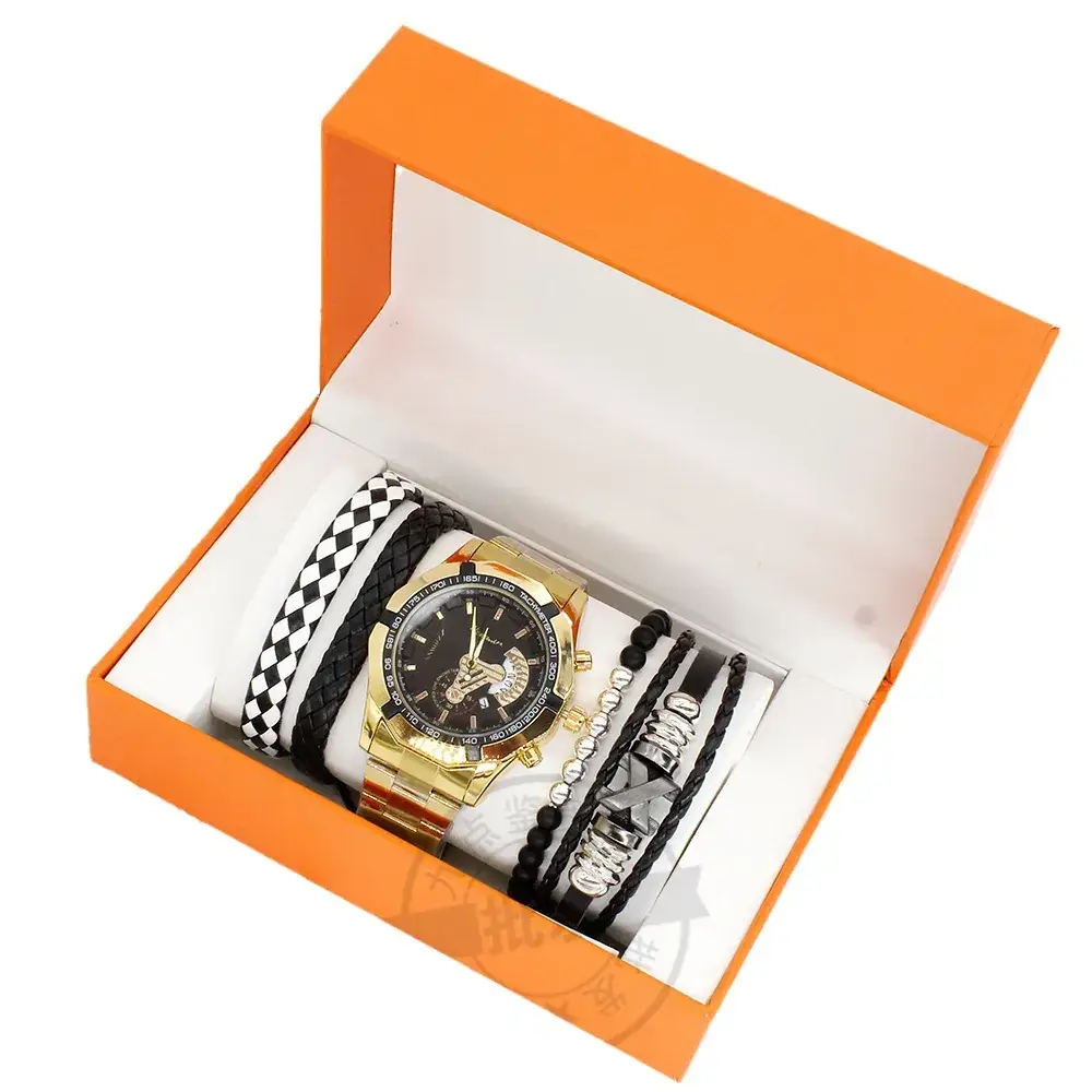 Men's Quartz Watch Set with Black & Gold Bracelet - Image 5