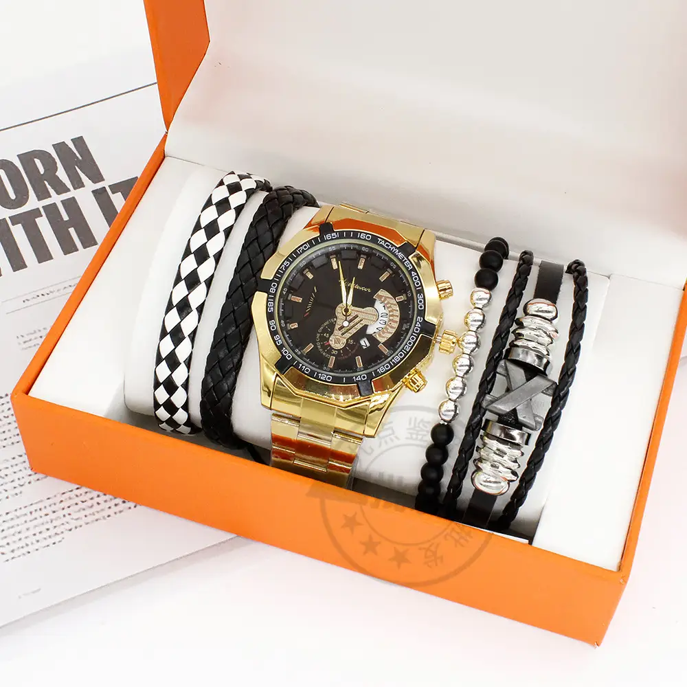 Men's Quartz Watch Set with Black & Gold Bracelet — feature 2
