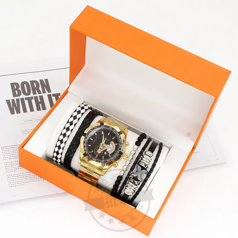 Men's Quartz Watch Set with Black & Gold Bracelet — feature 6