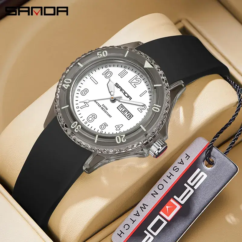 Sanda Transparent Quartz Watch with Water Resistant White Silicone Band - Image 10