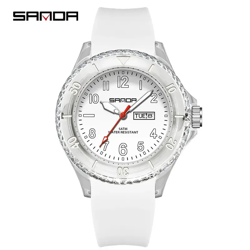 Sanda Transparent Quartz Watch with Water Resistant White Silicone Band - Image 5