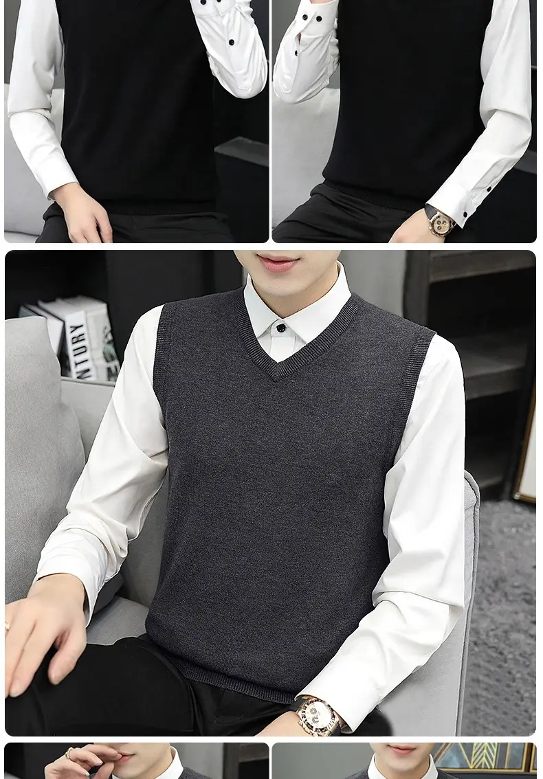 Men's Grey V-Neck Knitted Sleeveless Vest — feature 11