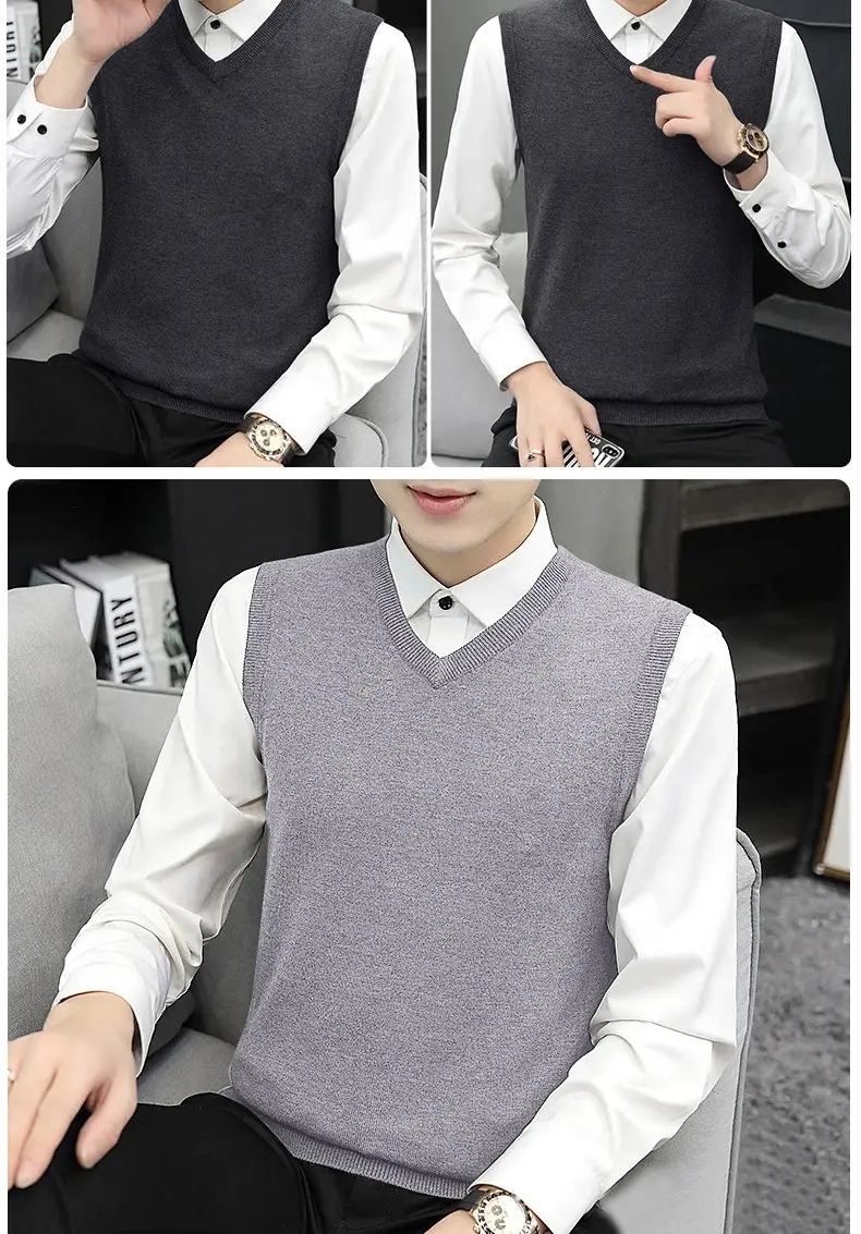 Men's Grey V-Neck Knitted Sleeveless Vest — feature 12