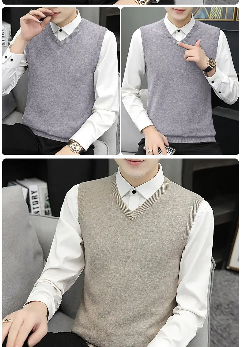 Men's Grey V-Neck Knitted Sleeveless Vest — feature 13