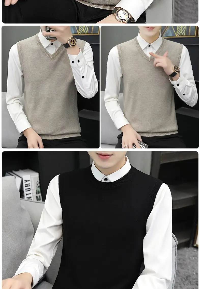 Men's Grey V-Neck Knitted Sleeveless Vest — feature 14